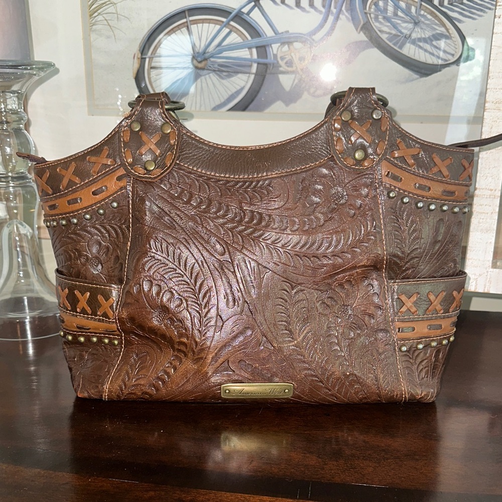 AMERICAN WEST TOOLED BROWN GENUINE LEATHER SHOULDER BAG TOTE HANDBAG